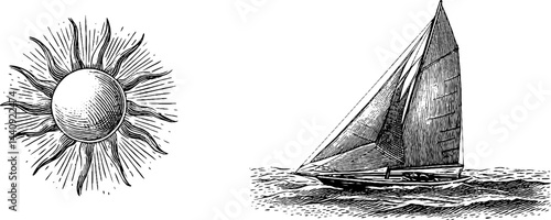 Vintage nautical engraving with sailboat and sun design for decor and print