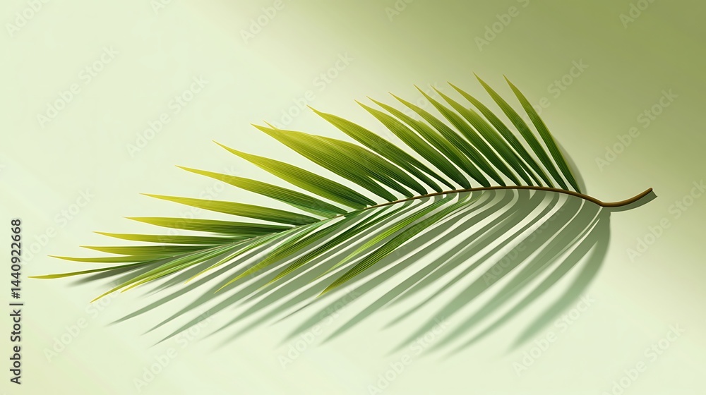 Fototapeta premium Vibrant palm frond casts delicate shadows on a pale backdrop.