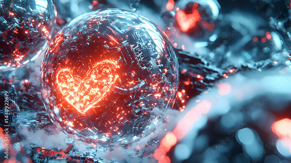 Futuristic image shows glowing heart embedded in a mechanical sphere. It symbolizes digital love or data-driven emotions potentially for a tech-themed art piece or visual effects. Futuristic image shows glowing heart embedded in a mechanical sphere. It symbolizes digital love or data-driven emotions potentially for a tech-themed art piece or visual effects.
