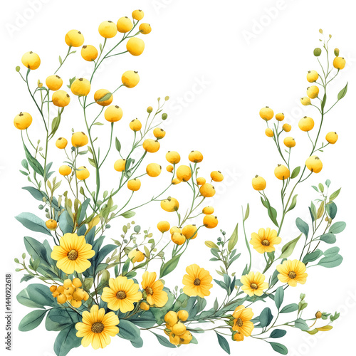 Delicate yellow flowers frame isolated on transparent background, png. Design element for invitations.