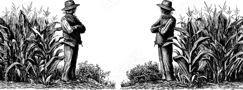 Vintage engraved illustration of scarecrow in field for artistic design
