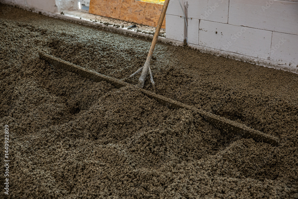 An indoor construction site shows wet concrete being leveled with a rake like tool. Unfinished white block walls and a wooden panel are visible.