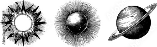 Vintage engraved illustrations of sun and planets with solar flares for design