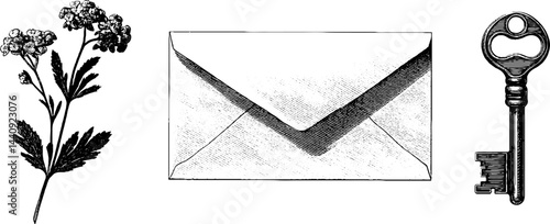 Vintage collection: engraved key, envelope, and floral illustration for timeless design