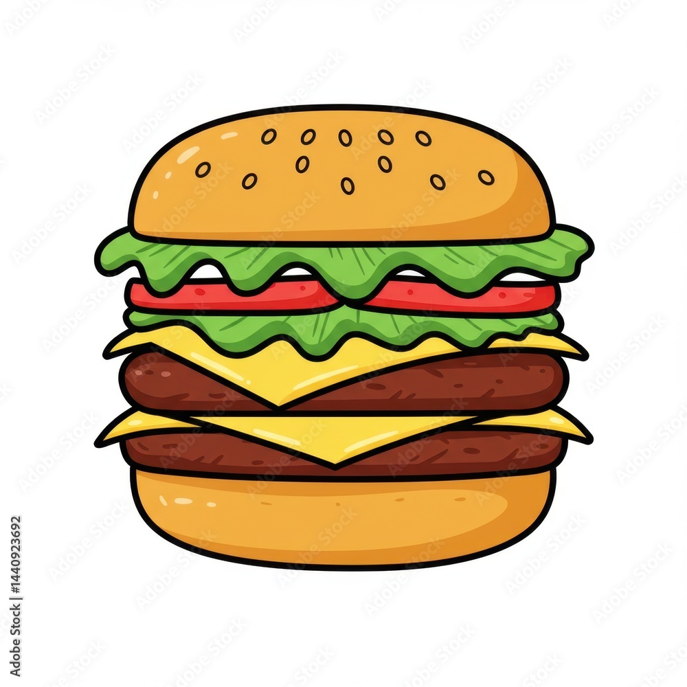 Vibrant Line Icon of a Hamburger with Lettuce, Cheese, and Patty Vibrant Line Icon of a Hamburger with Lettuce, Cheese, and Patty