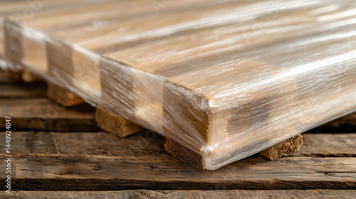 Macro shot of flawless stretch film on rugged pallet, perfect tension, no bubbles, industrial setting, vivid realism