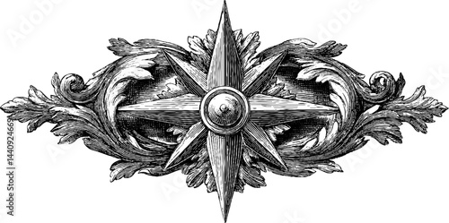 Elegant baroque compass rose design with intricate engraved details for print decor