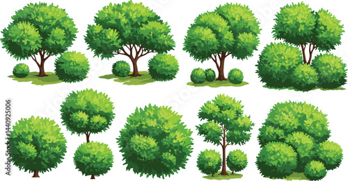 Vector set of Top view green tree for outdoor plan or map and architecture drawing, elements for environment and garden 