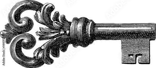 Intricate baroque key with ornate curls for vintage design and decoration