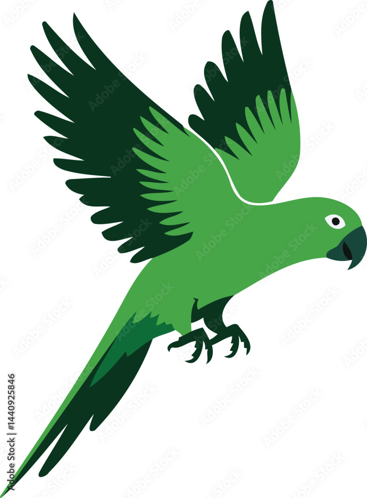 Vibrant minimal flat style Green Parrot in Flight Against a White Background Vibrant minimal flat style Green Parrot in Flight Against a White Background