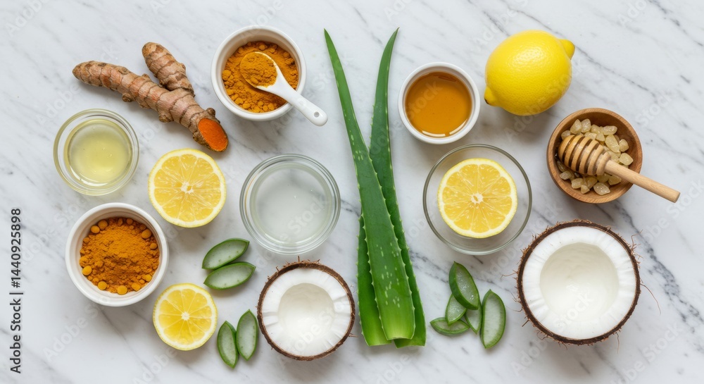 On top of the light marble surface are the ingredients for making the drink: ginger root, turmeric powder, lemon, aloe vera, coconut, honey and water. Natural ingredients for a healthy and detox drink On top of the light marble surface are the ingredients for making the drink: ginger root, turmeric powder, lemon, aloe vera, coconut, honey and water. Natural ingredients for a healthy and detox drink