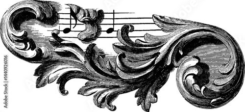 Intricate baroque violin scroll engraving with music notes for artistic design