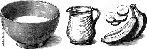 Vintage engraved illustration of cereal bowl, milk jug, and bananas for kitchen decor and design