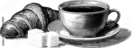Engraved style set with croissant, coffee cup, and sugar cubes for breakfast menu design