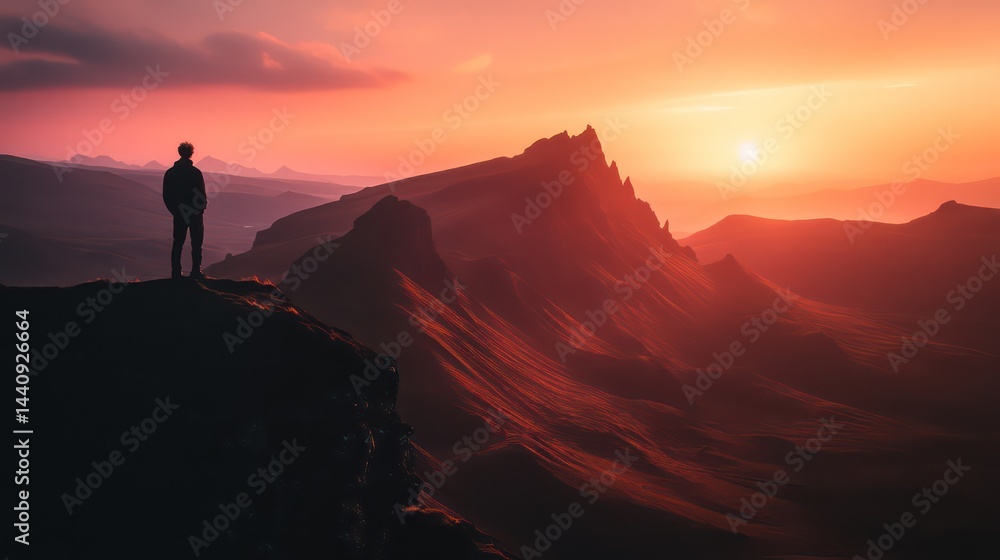 Solitary figure overlooking fiery mountainscape at sunset Solitary figure overlooking fiery mountainscape at sunset