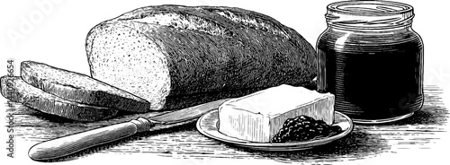 Vintage engraving of bread and butter with jam for kitchen decor and culinary art
