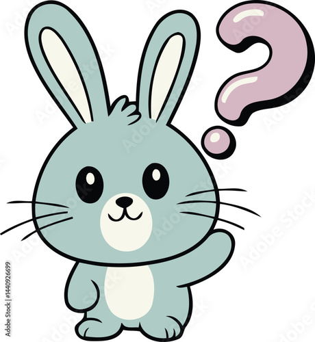 Cute cartoon confused rabbit illustration, kawaii animal character, adorable pastel bunny art, curious pet drawing