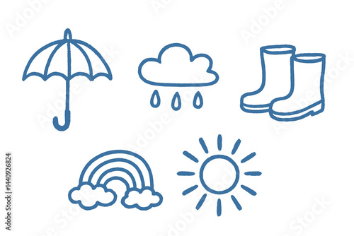 Weather elements umbrella rain boots rainbow sun cartoon sketch thick contour black on white