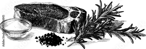 Engraved illustration of steak with rosemary and salt for culinary design