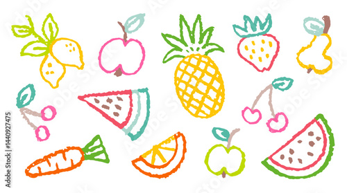 Crayon fruit. Chalk apple strawberry cherry orange pineapple. Sketch line food vector icon. Doodle color kid background. Pastel child drawing. Kid fruit set. Lemon apple cherry bg. Simple summer chalk