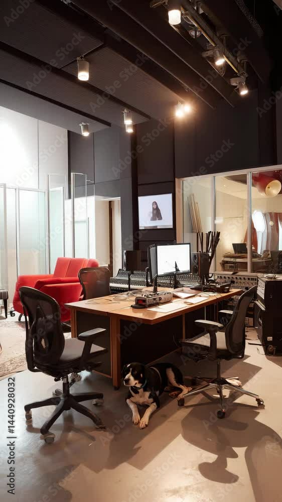 Modern recording studio with stylish furniture, pets, and technology during an afternoon session Modern recording studio with stylish furniture, pets, and technology during an afternoon session
