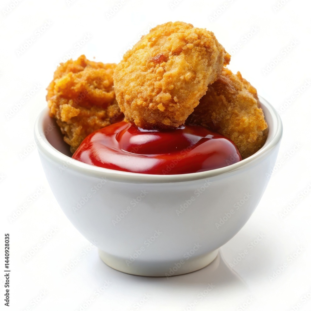 Chicken Nuggets With Tomato Ketchup In A White Bowl Isolated On White Chicken Nuggets With Tomato Ketchup In A White Bowl Isolated On White
