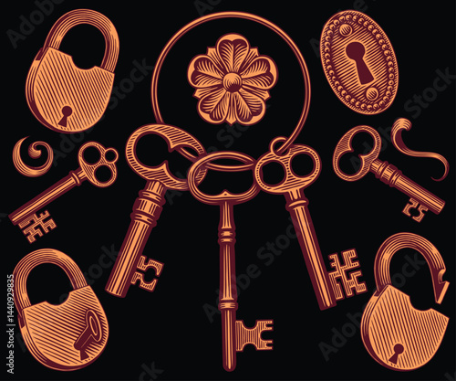 A bunch of keys and a lock. Design set. Editable hand drawn illustration. Vector vintage engraving. Isolated on black background. 8 EPS