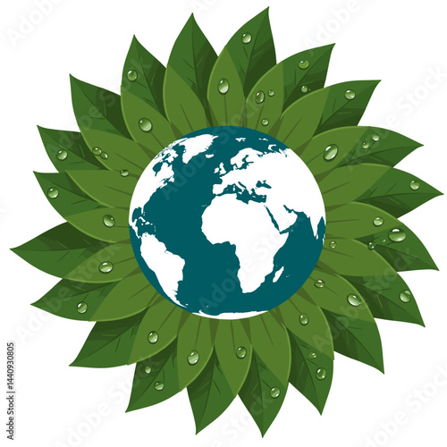 Earth globe surrounded by green leaves with water droplets, symbolizing nature and sustainability
