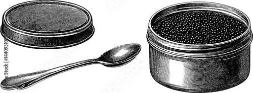 Elegant engraved illustration of caviar spoon and container with lid