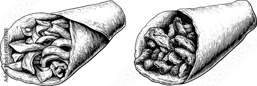 Detailed engraved illustration set of chicken shawarma wraps for culinary design