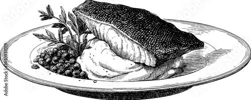 Engraved illustration of cod fillet with mashed potatoes and peas for culinary designs