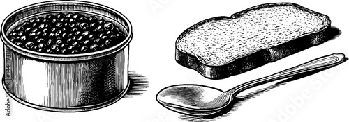 Gourmet dining essentials: engraved caviar spoon, container, and bread