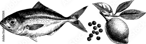 Vintage engraving of fish, lemon, and peppercorns for culinary artwork and design