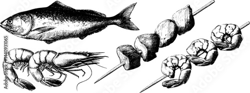 Engraved seafood selection: fish, skewered shrimp, and kebab illustration for culinary design