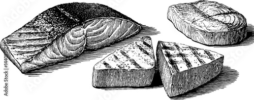 Engraved illustration set featuring grilled salmon cuts for culinary design and art projects