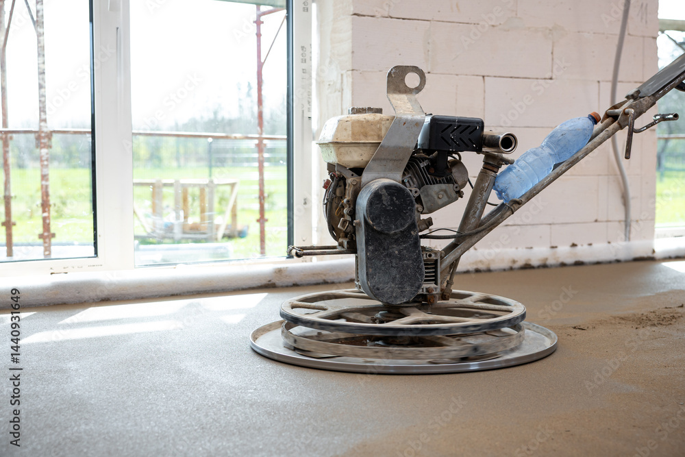 A power trowel machine smooths fresh concrete flooring in a building under construction with white brick walls, glass windows, and scaffolding visible.