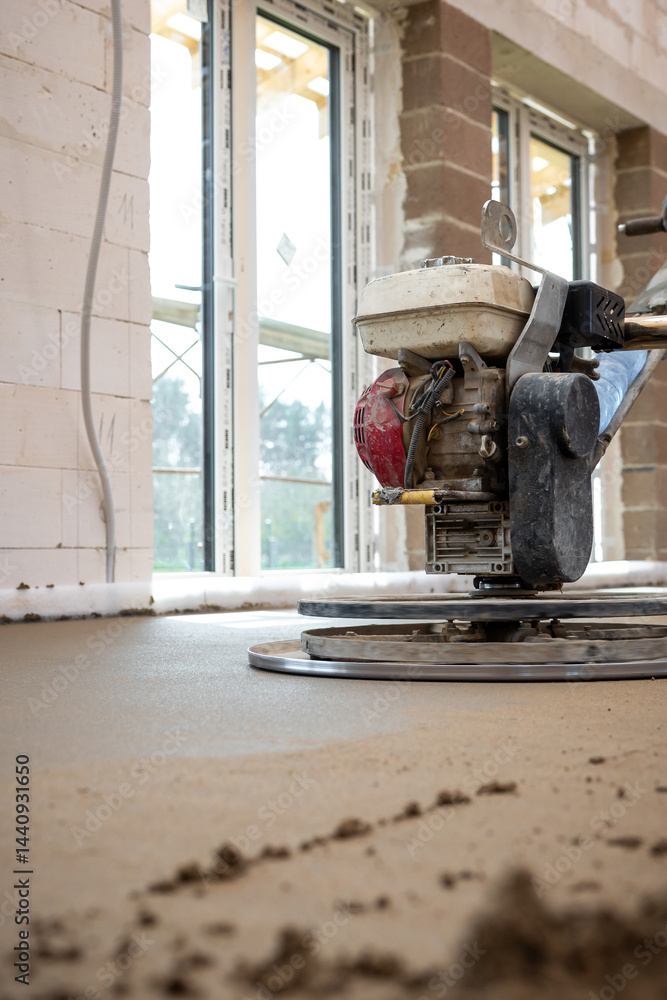 Interior of a construction site showing a power trowel smoothing concrete flooring over underfloor heating pipes, with brick walls and large windows.