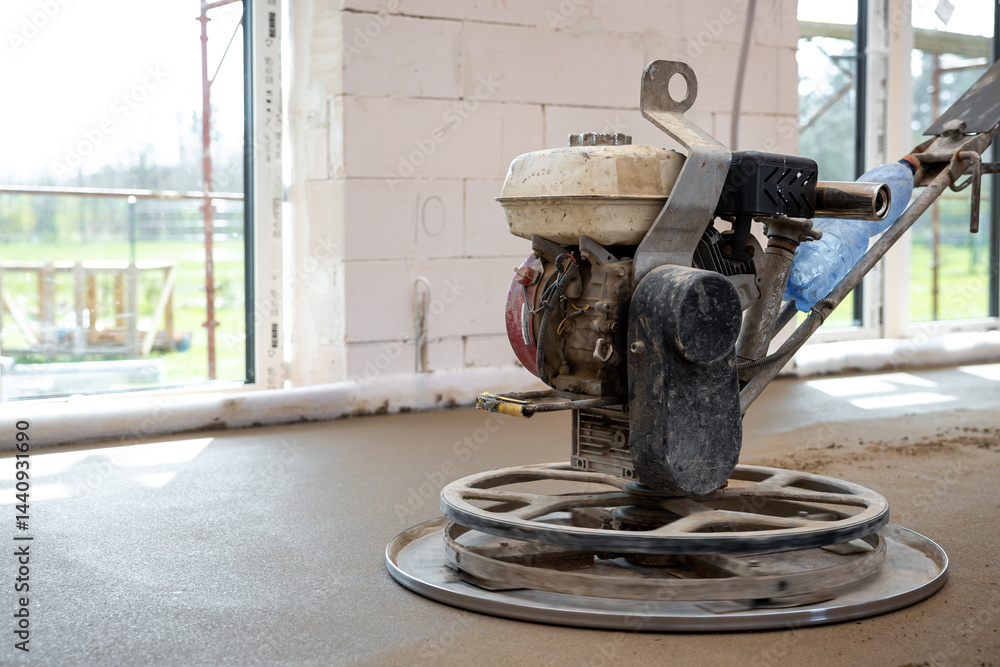 A power trowel machine smooths fresh concrete flooring inside a white brick structure with large windows and visible scaffolding outside.