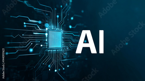 Blue background with digital circuit lines and the word 