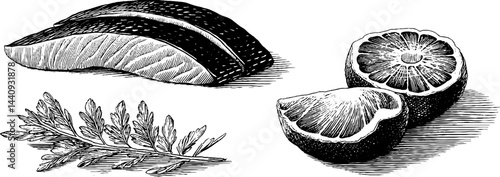Engraved illustration of sashimi slice with wasabi and lemon for culinary design projects