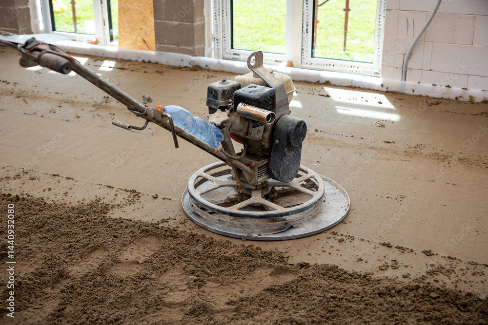 Construction site interior with a power trowel machine smoothing concrete over underfloor heating pipes. Unfinished walls and large windows are visible.