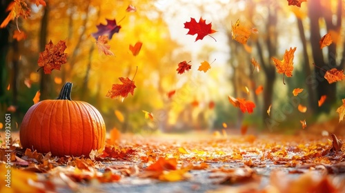 Autumnal pumpkin scene in park with falling leaves