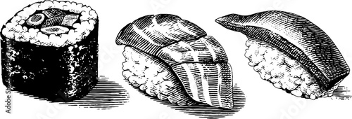 Engraved set of sushi rolls and sashimi for culinary art and design