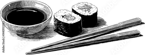 Engraved sushi roll and chopsticks with soy sauce bowl for culinary art design