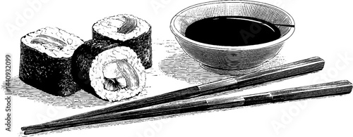 Elegant engraved sushi roll and chopsticks with sauce bowl for culinary design