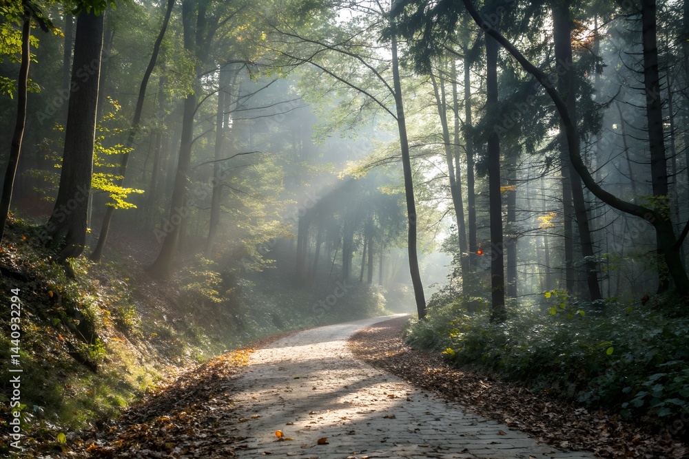 Obraz premium A serene forest scene, a dirt path winding through tall trees, sunlight filtering through the leaves