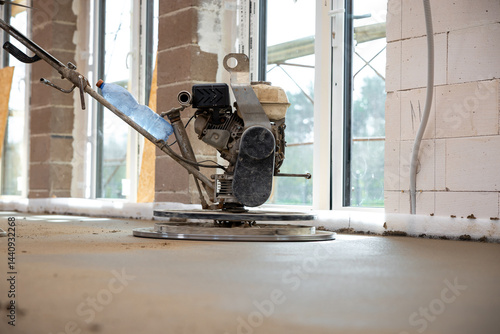 Interior of a construction site with a power trowel machine smoothing screed concrete over underfloor heating pipes. Walls show bricks and insulation.