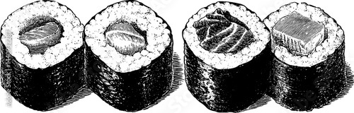 Engraved illustration of tuna maki and salmon sushi rolls for culinary art and design
