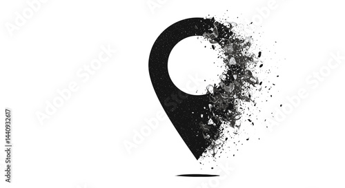 Location pin symbol disintegrating into particles