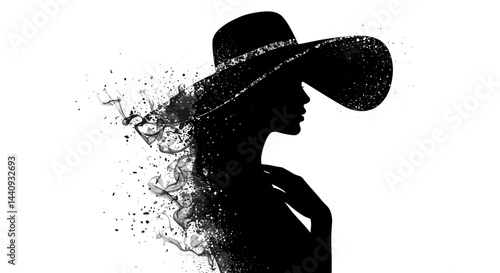 Silhouette of woman wearing a wide-brimmed hat against white background